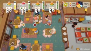 PAO PAO screenshot: a top-down view of a busy restaurant kitchen and dining room full of animal characters