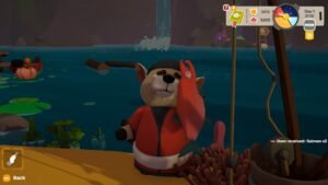 PAO PAO screenshot: a bear in a red jacket standing beside a pond