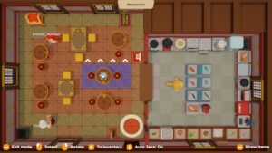 PAO PAO screenshot: a top-down view of a restaurant layout with kitchen equipment