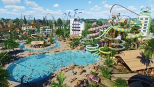 A sunny water park with pools, slides and a coaster looping overhead