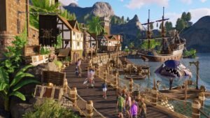 A pirate-themed harbour with galleons, wooden buildings and rides