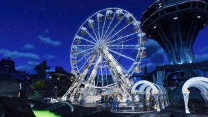 A Ferris wheel and rides lit up at night