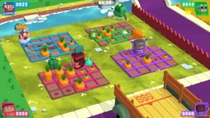 Four gardeners tending colourful crop plots in a riverside farmyard arena