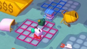 A player planting crops on a grid next to a cement mixer on a building site