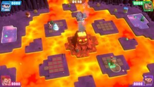 Crop plots on islands surrounded by lava next to an erupting volcano