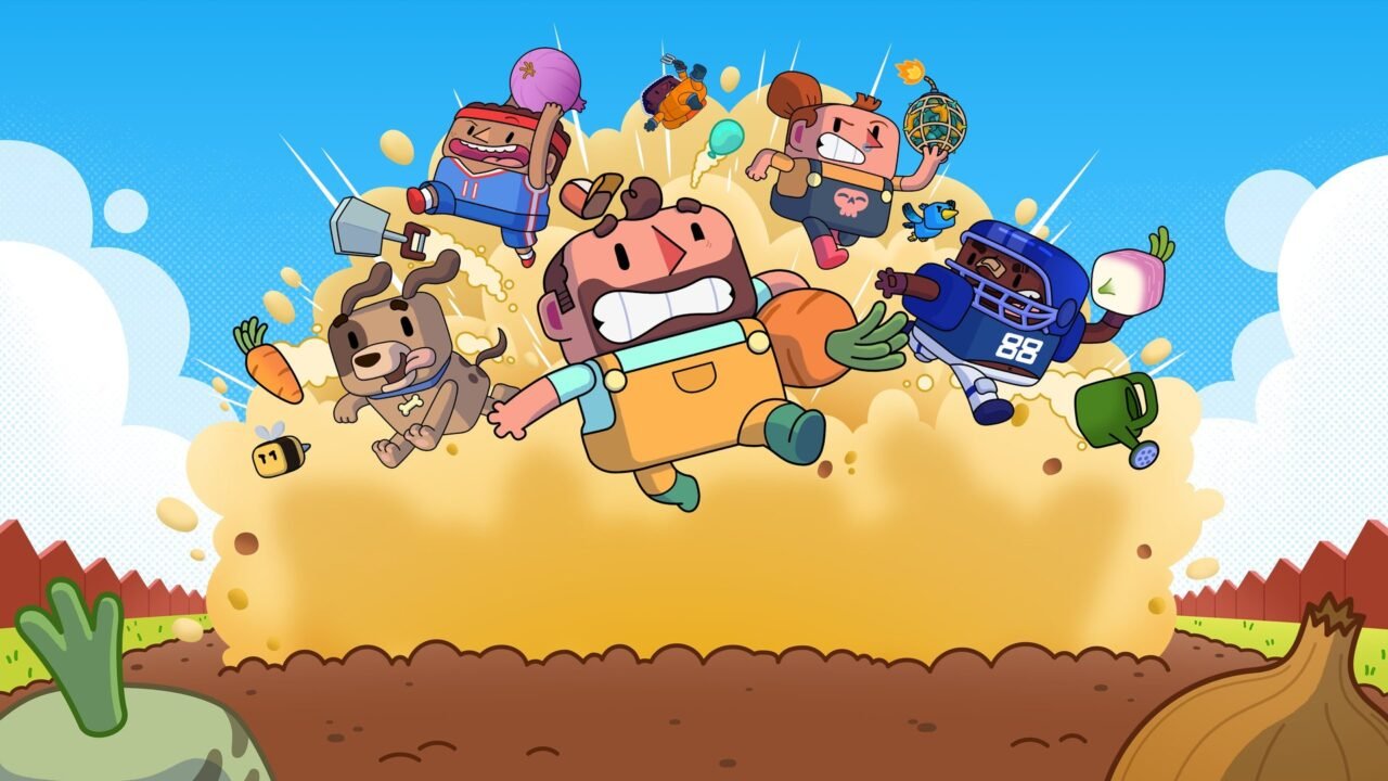 Planted!'s cartoon gardeners, including a dog and an American football player, leaping out of a cloud of dirt with carrots, onions and garden tools