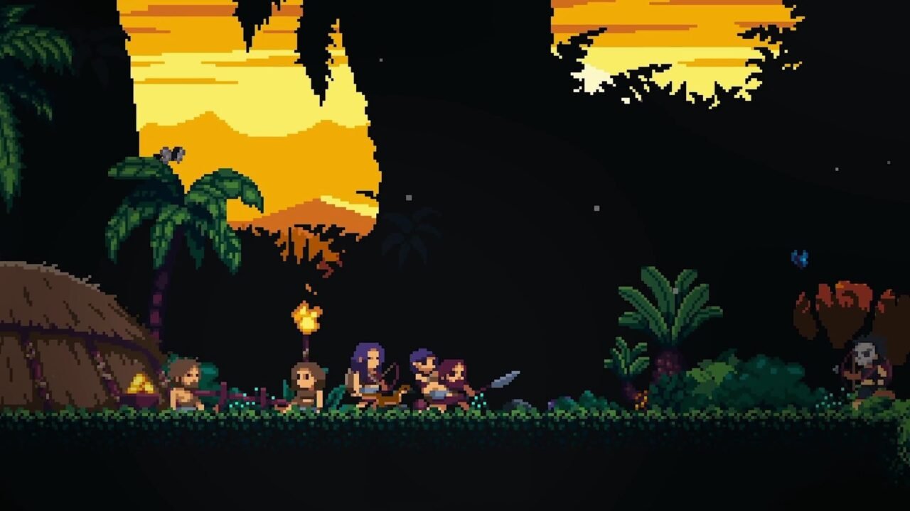 Primal Planet key art: a pixel-art prehistoric family gathers by a fire in a dark jungle beneath a golden sky