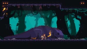 Primal Planet screenshot: a huge dinosaur lying in a teal-lit forest