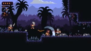 Primal Planet screenshot: cave dwellers in a purple, palm-filled biome