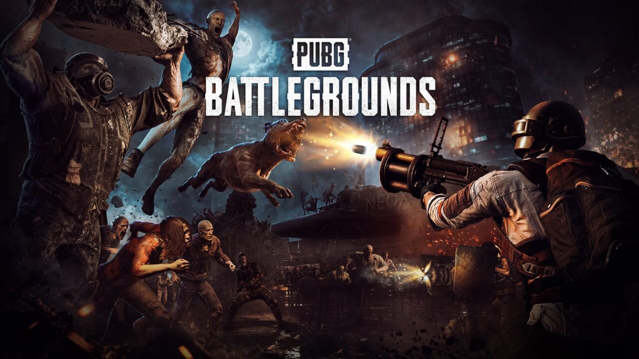 PUBG: BATTLEGROUNDS key art: a helmeted player fires a grenade launcher at a charging horde of zombies and a leaping dog under a full moon