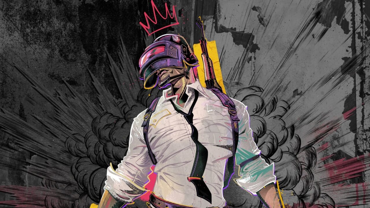 PUBG: Final Circle key art: an illustrated PUBG survivor in a level 3 helmet, white shirt and tie, with a rifle on his back and a crown doodled above his head