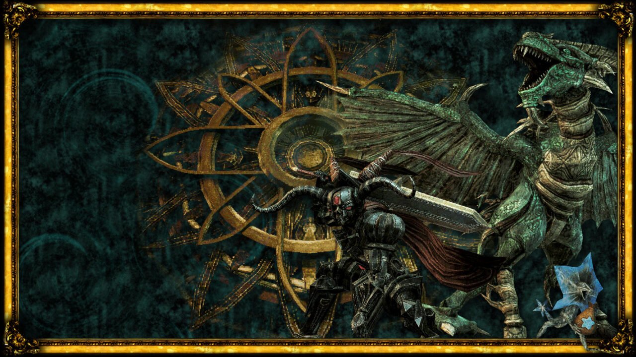 Queen's Domain key art: an armoured knight with curled horns and a huge sword in front of a golden rune circle and a skeletal green dragon, inside an ornate gold frame