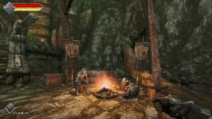Queen's Domain screenshot: a campfire among rocks with the health and stamina bars on screen