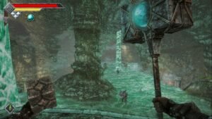 Queen's Domain screenshot: a teal waterfall cavern with a glowing staff held up