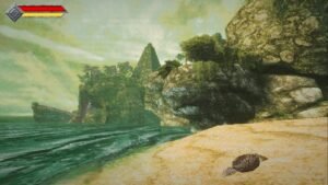 Queen's Domain screenshot: a rocky coastline with the sea and a sandy beach