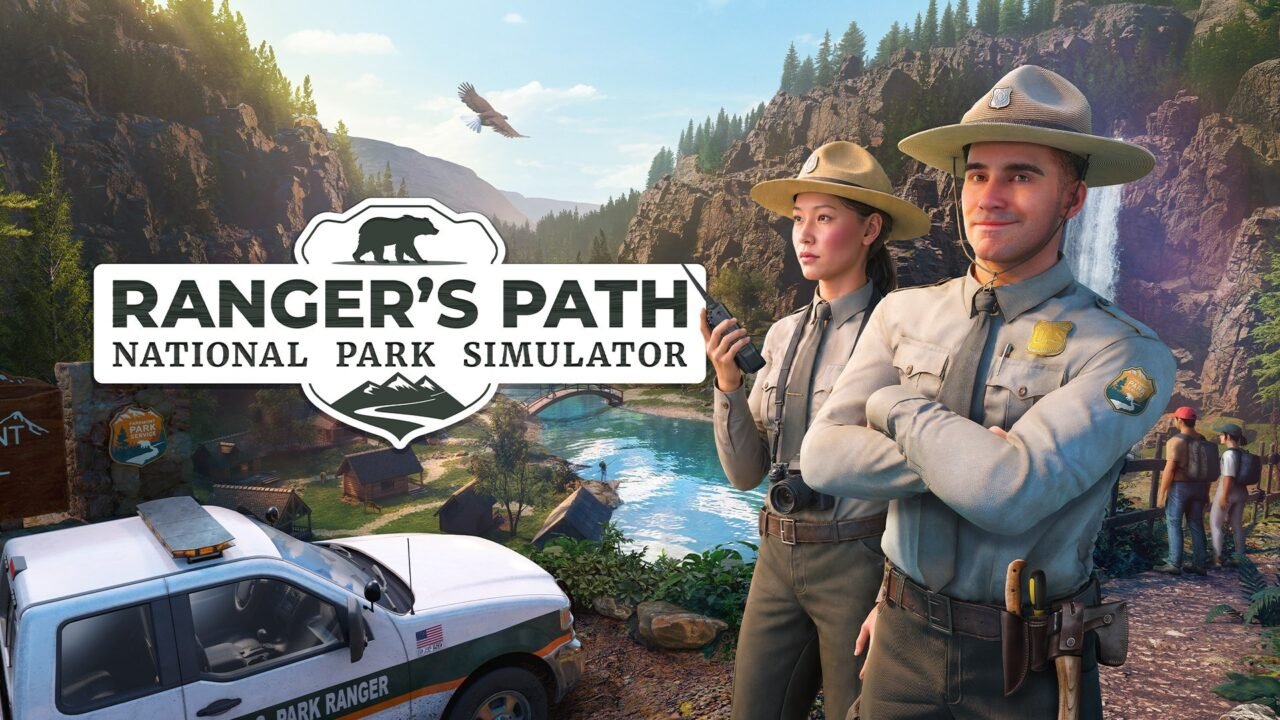 Ranger's Path: National Park Simulator logo beside two park rangers and a ranger pickup above a forested valley