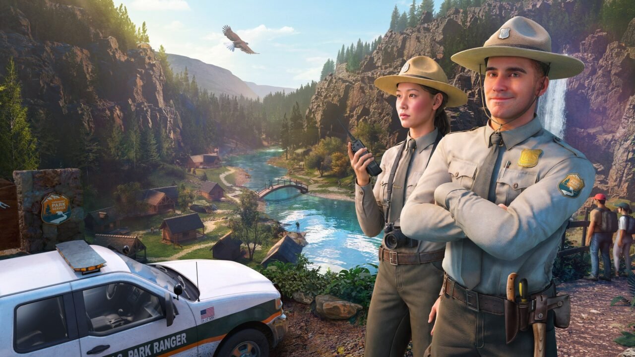 Ranger's Path: National Park Simulator key art: two park rangers stand beside a ranger pickup above a forested valley with a river and a waterfall