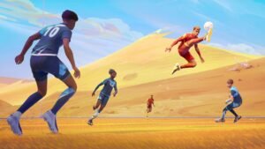 Rematch screenshot: a player in a red number 10 shirt standing on the centre spot of a domed stadium