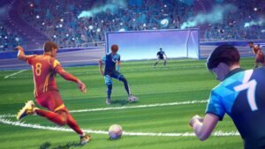 Rematch screenshot: a goalkeeper in blue diving full stretch for the ball in a dark blue arena