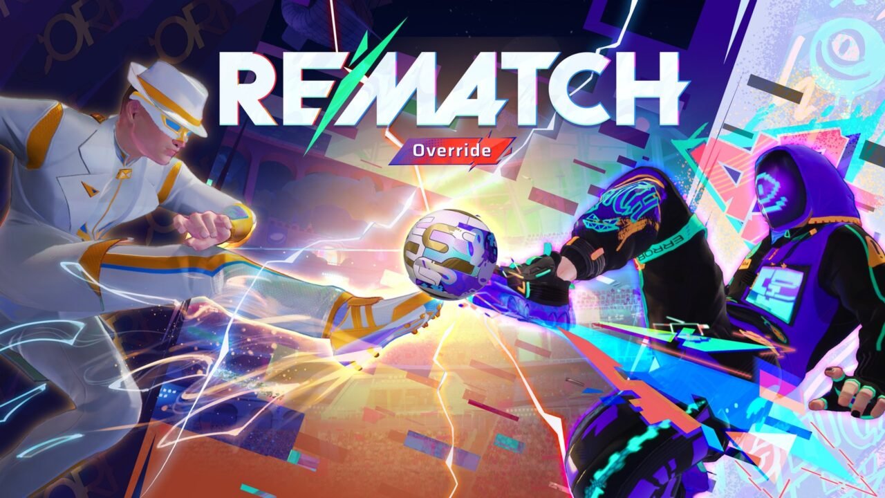 Rematch Season 6 key art: a player in a white and gold Vanguard suit and a hooded player in purple Glitch gear clash over the ball beneath the Rematch logo