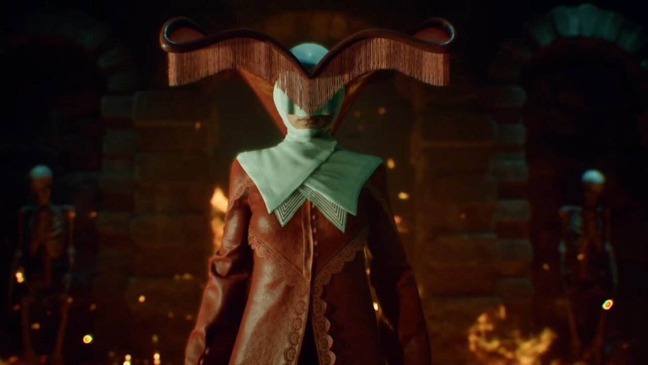 Remothered: Red Nun's Legacy screenshot: the Red Nun, her face hidden under a winged red headdress, stands in a candlelit crypt flanked by skeletons