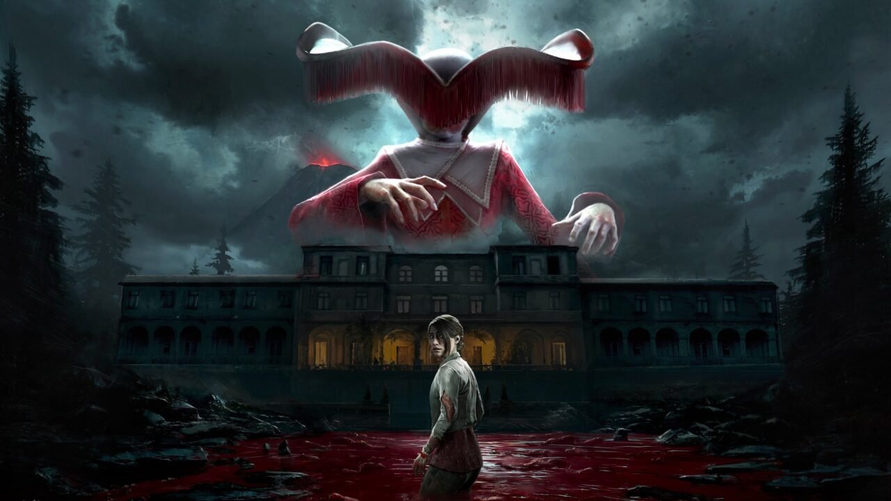 Remothered: Red Nun's Legacy key art: Susan stands waist-deep in a blood-red lake in front of a dark villa as the giant Red Nun looms over it under a stormy sky