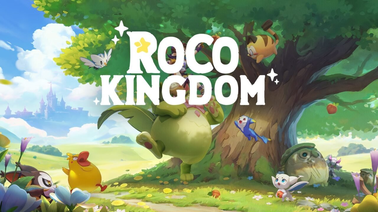 Roco Kingdom key art: a young Roco sits on a big green Jini under a huge tree in a sunny meadow, surrounded by small Jinies, with the Roco Kingdom logo in the centre