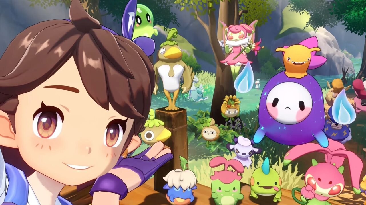 Roco Kingdom art: a smiling young Roco in the foreground with a crowd of colourful Jinies gathered in a forest clearing behind