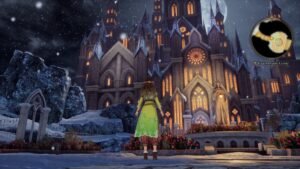 A hooded figure standing before a lit gothic palace in the snow
