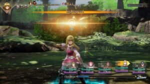 A boss encounter in battle with the party's command menu and turn order on screen