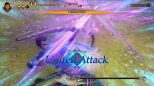 A character unleashing a United Attack in a burst of purple light