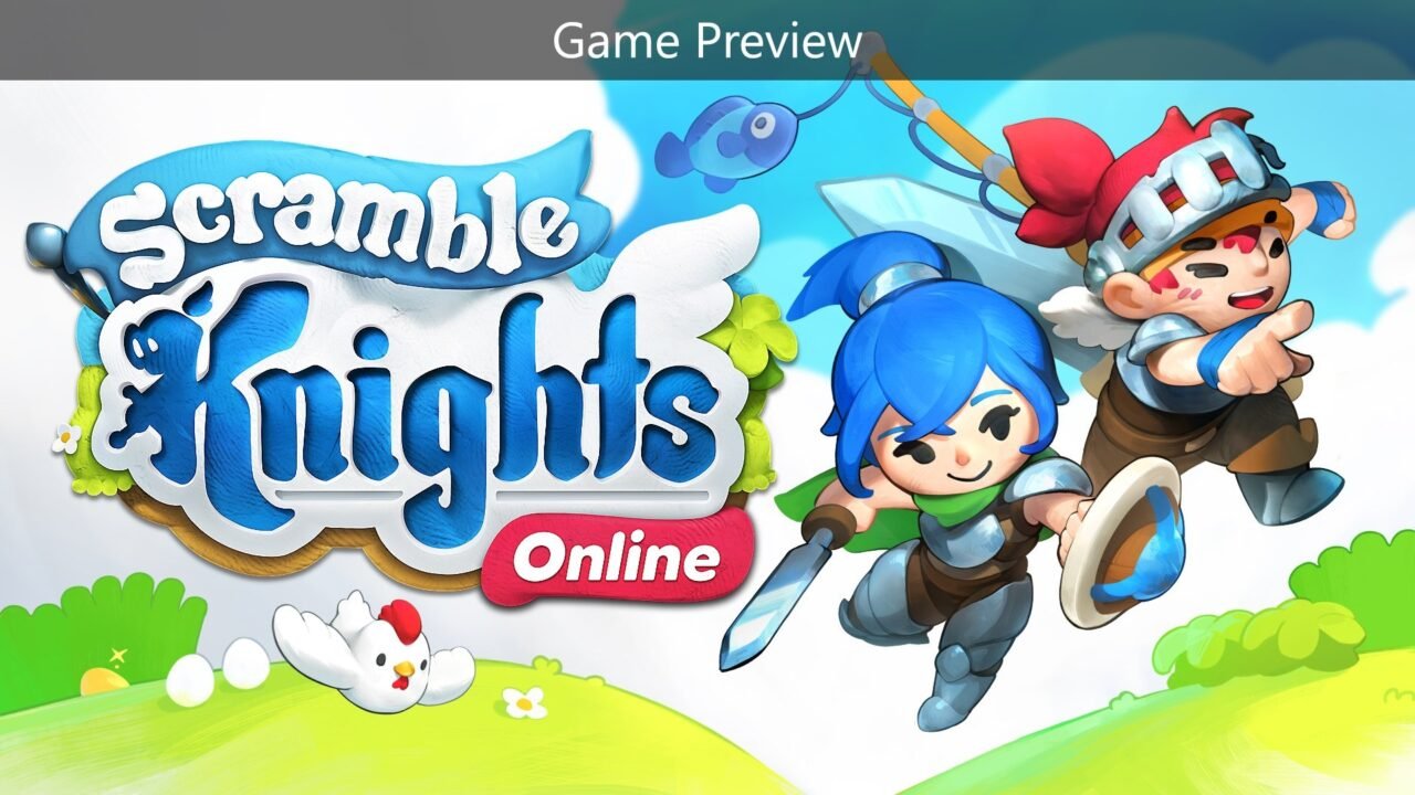 Scramble Knights Online key art: two cartoon knights, one with blue hair and a sword, one with a red bandana and fishing rod, leap across green hills past a flying chicken
