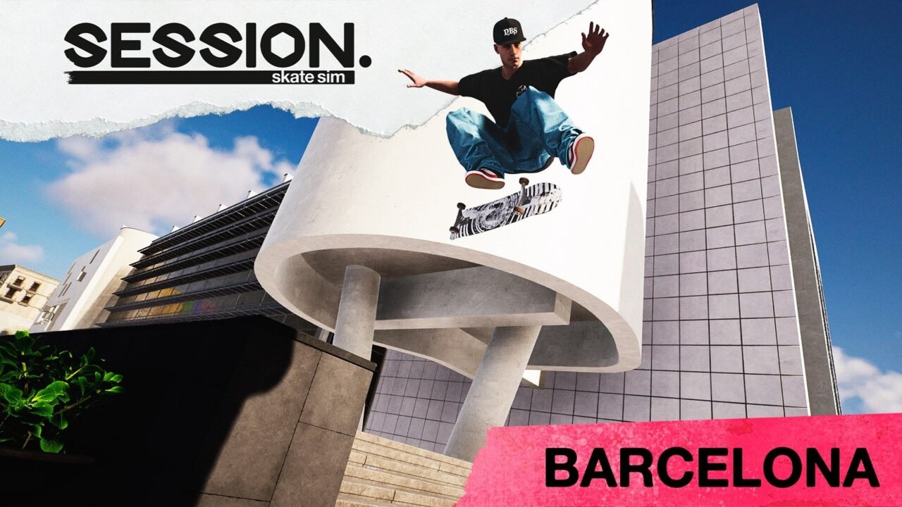 Session: Skate Sim Barcelona key art: a skater flies through the air in front of a curved white building, with the Session logo and a pink Barcelona banner