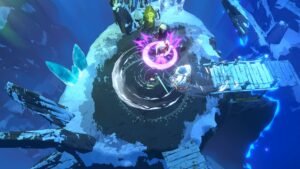 A top-down arena on a frozen island ringed by ice crystals