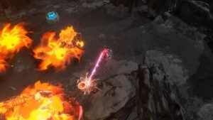 A Traveler surrounded by fire attacks on a dark rocky battlefield