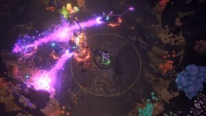 Purple energy beams sweeping across a crowded dark arena