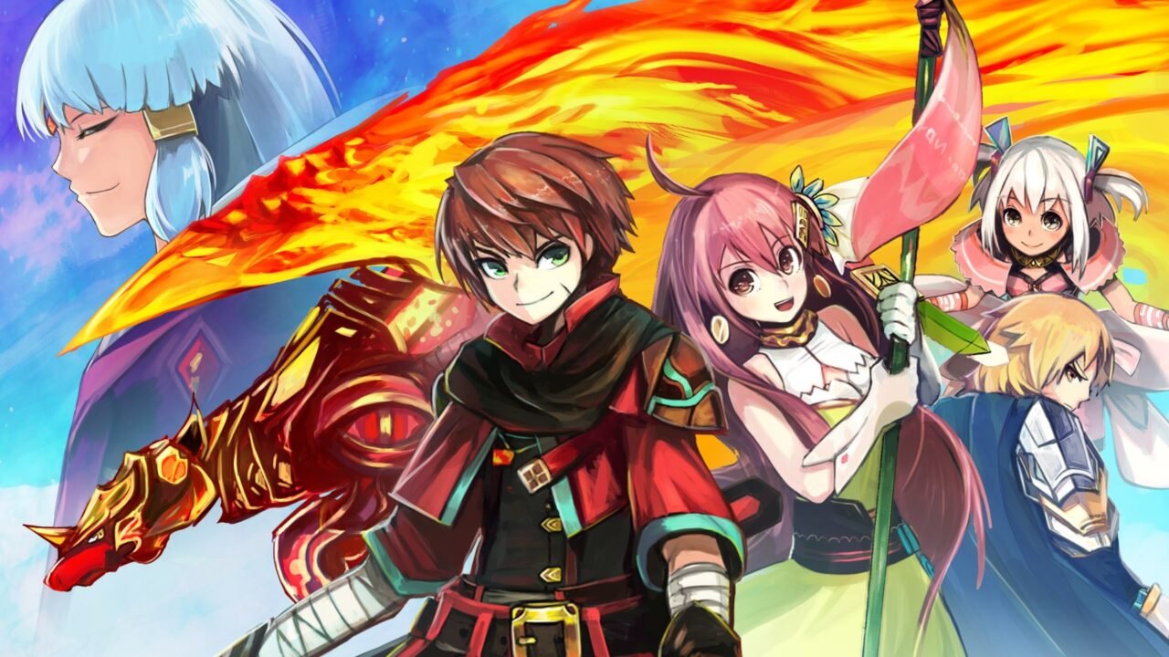 Shelterra the Skyworld art of Claude with a flaming dragon-shaped weapon beside his party, with a blue-haired spirit and a sweep of fire across the sky