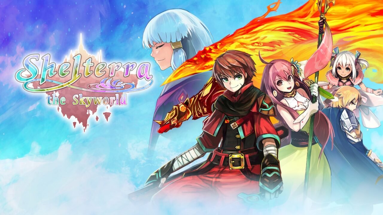 Shelterra the Skyworld key art showing Claude and his party in front of a fiery banner, with the game logo on the left