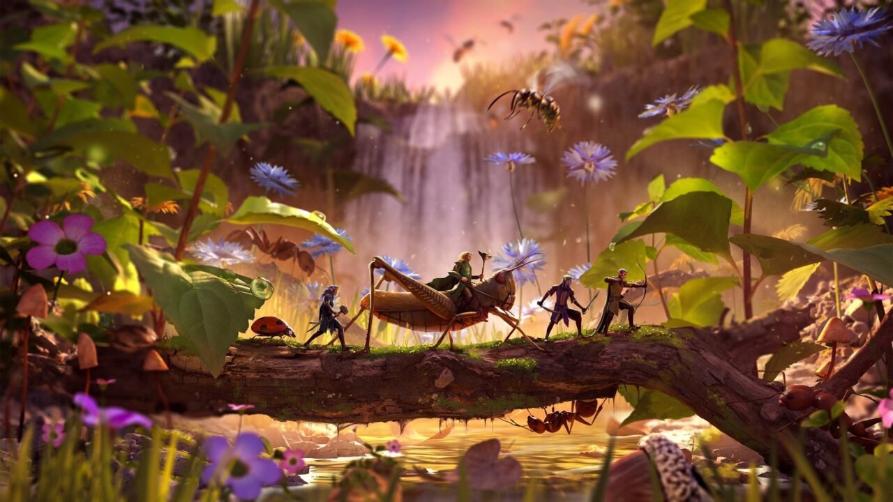Smalland 2: Lost Realms art: Smallfolk with bows and staffs and a grasshopper rider cross a fallen log in front of a waterfall, with a wasp overhead