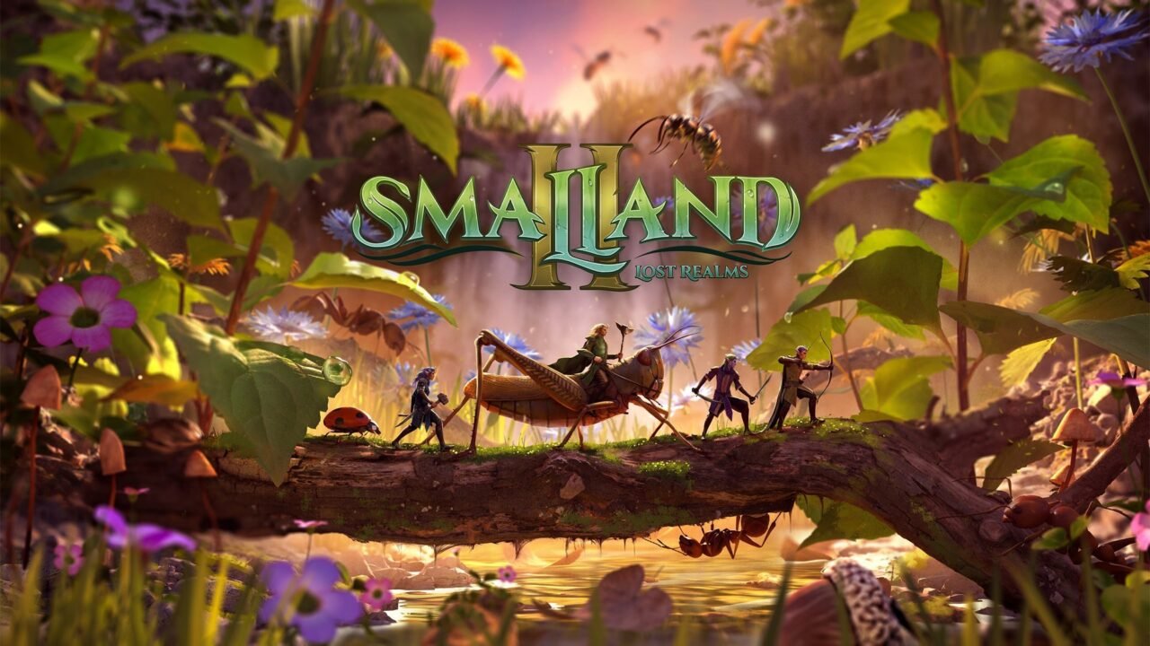 Smalland 2: Lost Realms key art: tiny Smallfolk adventurers and a rider on a grasshopper cross a mossy log by a waterfall, beneath the game's logo