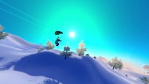 SNØ: Ultimate Freeriding screenshot: a tiny skier on a sunlit slope under a teal sky