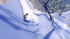 SNØ: Ultimate Freeriding screenshot: a distant skier in deep powder with a spray of snow