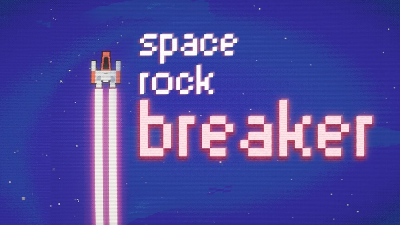 Space Rock Breaker key art: a small pixel-art spaceship flies upwards on twin pink laser trails beside the game's pixel logo against a starry blue background