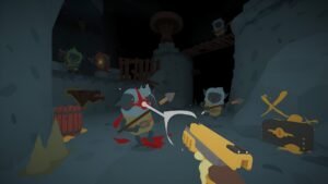 SULFUR screenshot: a first-person view of a golden gun firing at small creatures in a cave
