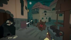 SULFUR screenshot: a stylised night-time street with a hooded figure and a brown beast