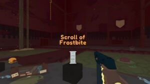 SULFUR screenshot: a red-lit room with a Scroll of Frostbite on a pedestal