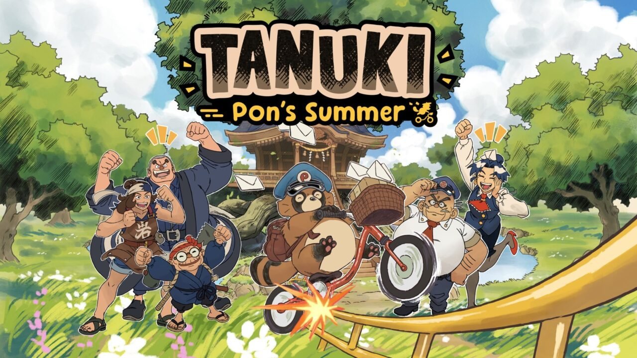 TANUKI: Pon's Summer logo above Pon on a BMX and cheering tanuki townsfolk outside a shrine