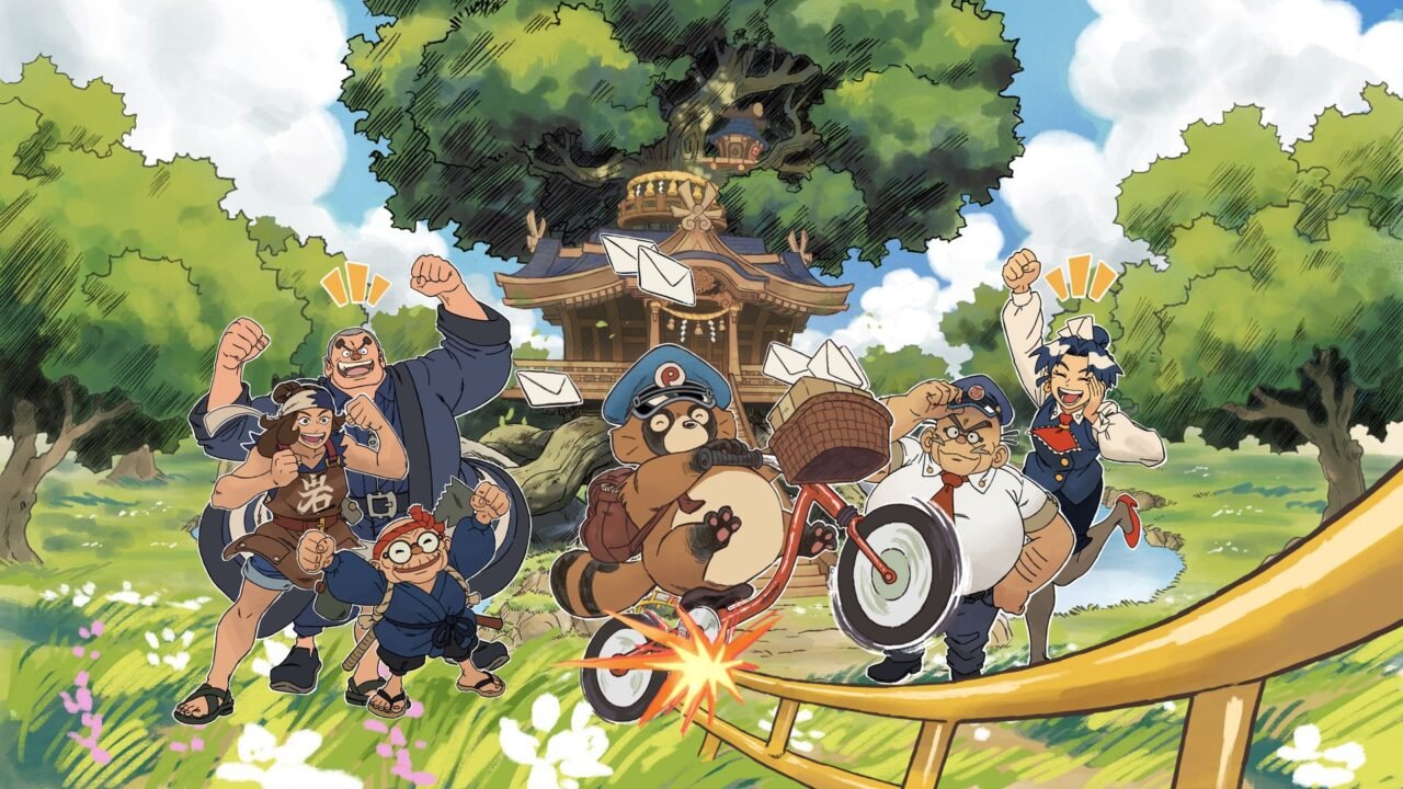 TANUKI: Pon's Summer key art: Pon rides a BMX along a golden rail as tanuki townsfolk cheer in front of a shrine