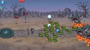 The Abjuration Stand screenshot: a graveyard lane with slimes and orbs and a burst of fire