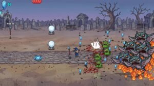 The Abjuration Stand screenshot: a graveyard lane with defensive orbs and a horde of monsters